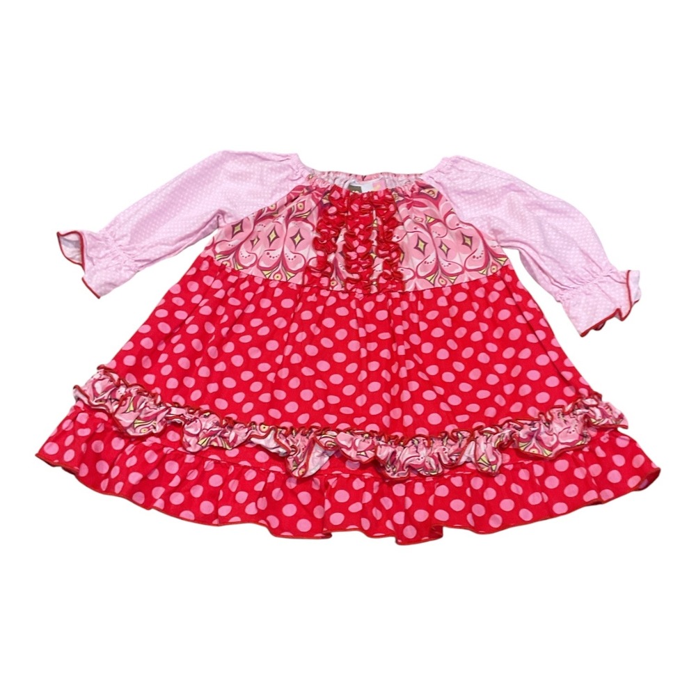 Banana Split Kids Red Pink Polka Dot Ruffle Tiered Cotton Dress 2T
